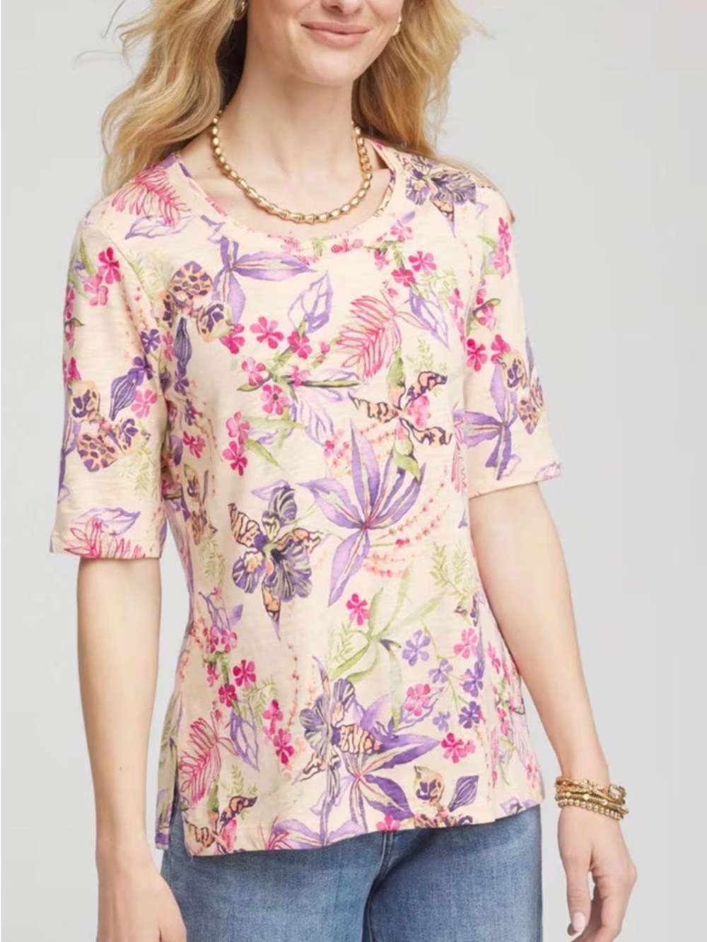 Chico's Tropical Floral Elbow-Sleeve Tee